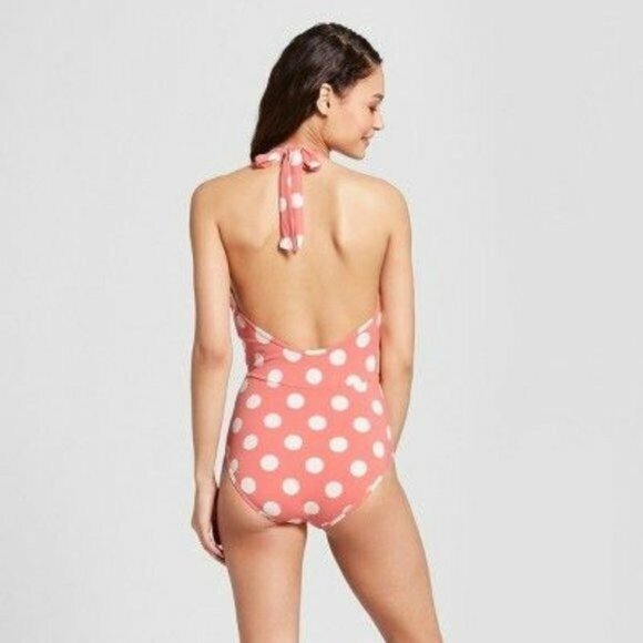 Sunn Lab Antique Pink Polka Dot One Piece Swimsuit Plunge Size Small NEW - Picture 2 of 3
